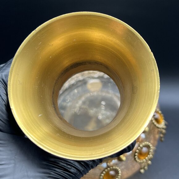 Vintage Handcrafted Brass Floral Etched Neck Ornate Amber Crackle Glass Vase - Picture 10 of 13